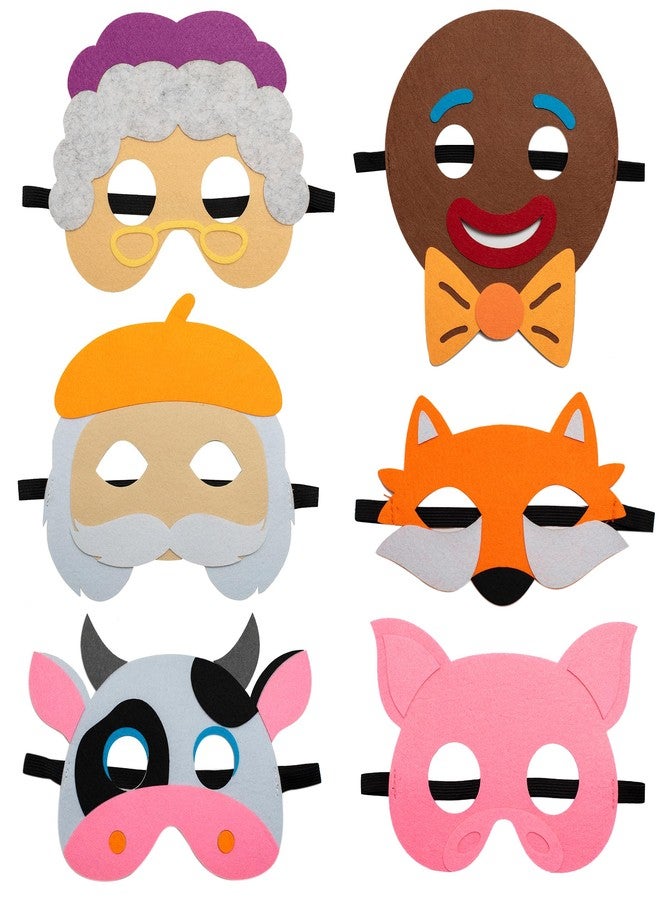 INF-STAR Felt Masks Set - 6PCS Old Man Old Woman Gingerbread Man Fox Cow Pig Costume Masks for Kids Birthday Party, Christmas Play & Halloween Dress Up - Image 1